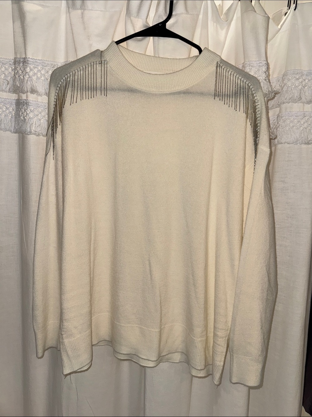 Cream Crewneck Sweater with Shoulder Chain Accent